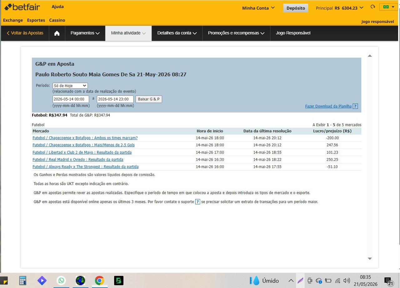 Extrato Exchange real mostrando R$ 347,94 de resultado líquido em um único dia